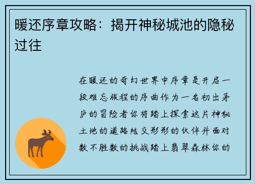 暖还序章攻略：揭开神秘城池的隐秘过往
